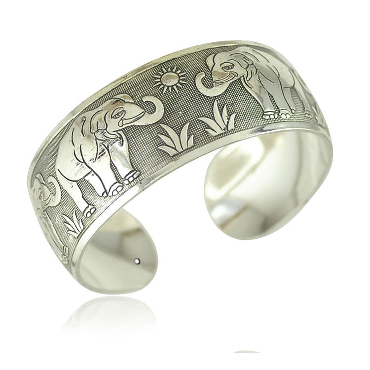 Wholesale Ancient silver open bracelet for women retro Bohemian ethnic style carved pattern elephant wide Bracelet jewelry